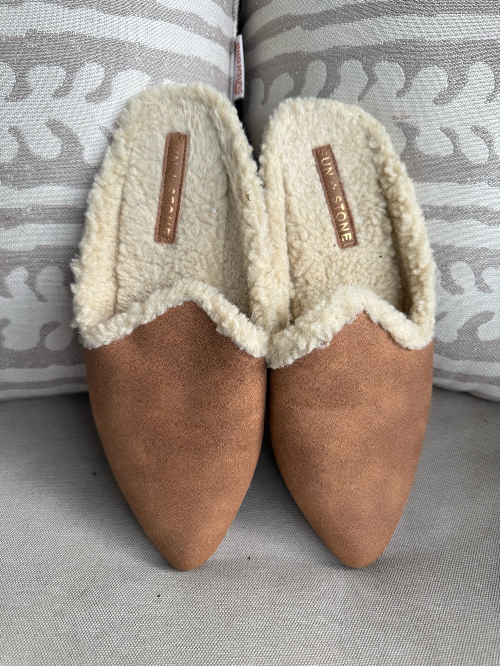 Sun + Stone Tan Faux-Suede Shearling Lined Slip-On Mules